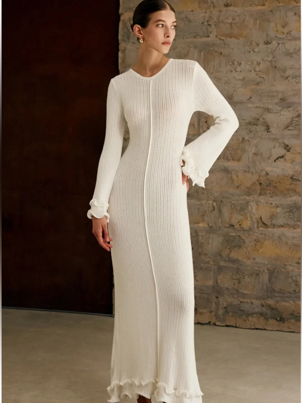 Commense Semi-Sheer Piping Ruffle Drawstring Knit Dress - Picture 1 of 5
